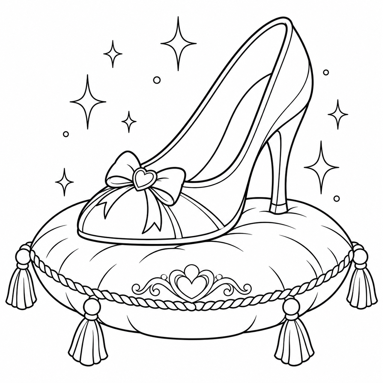 The Glass Slipper coloring page with an elegant slipper on a decorative cushion